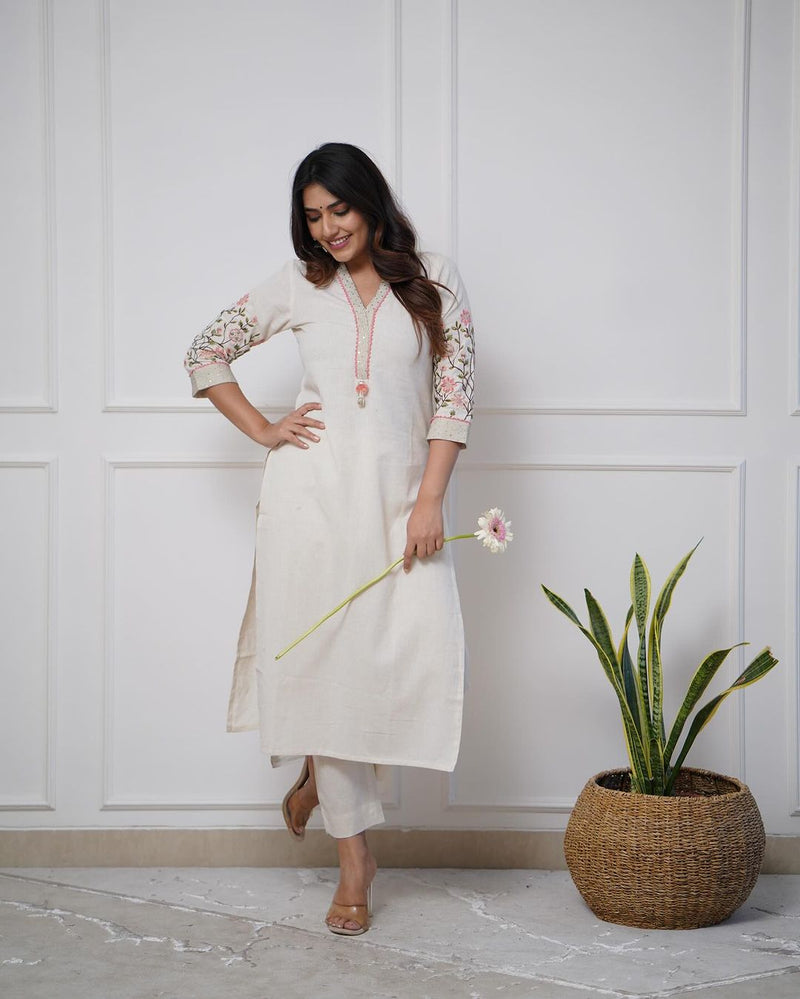 Upgrade your office wear wardrobe with this classy ( White Blue. Yellow colour ,) kurti pant  with embroidery  detailing for all day comfort and trendy look