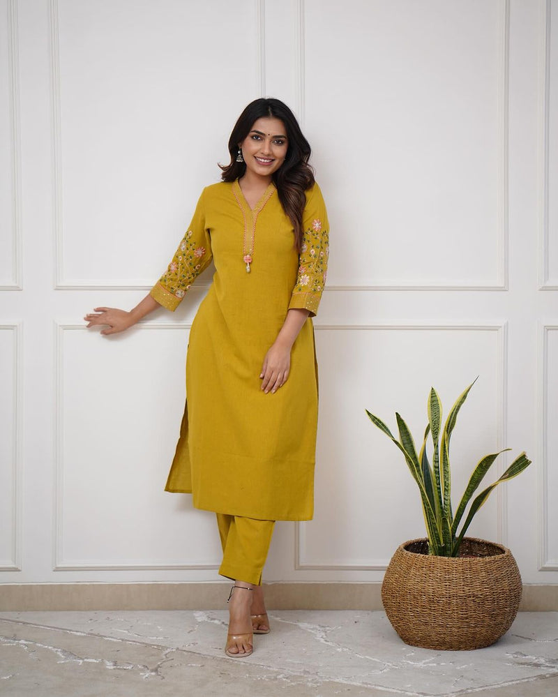 Upgrade your office wear wardrobe with this classy ( White Blue. Yellow colour ,) kurti pant  with embroidery  detailing for all day comfort and trendy look