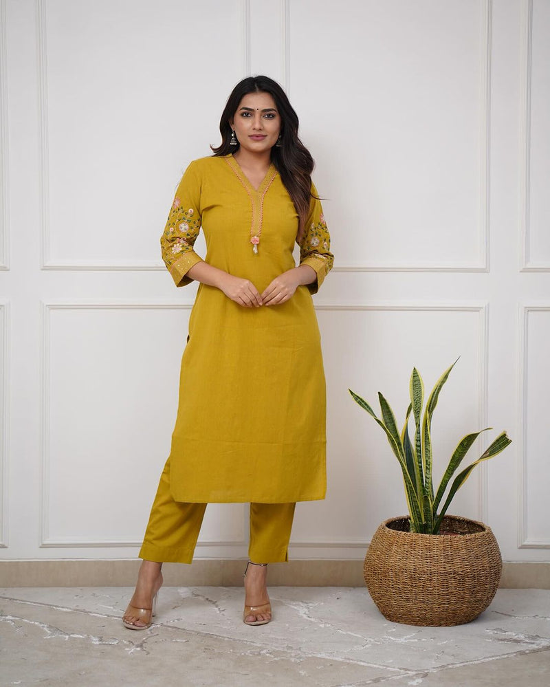 Upgrade your office wear wardrobe with this classy ( White Blue. Yellow colour ,) kurti pant  with embroidery  detailing for all day comfort and trendy look