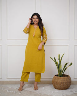 Upgrade your office wear wardrobe with this classy ( White Blue. Yellow colour ,) kurti pant  with embroidery  detailing for all day comfort and trendy look