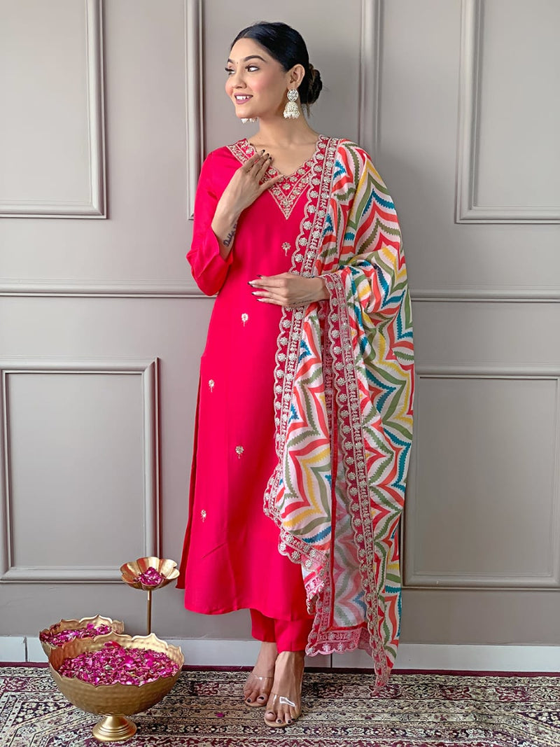 Launching Viscose Fabric, Comfortable And Attractive Sut Set Which Is Beautifully Decorated With Embroidery And Thread Work. It Is Paired With Matching Pants And Dupatta