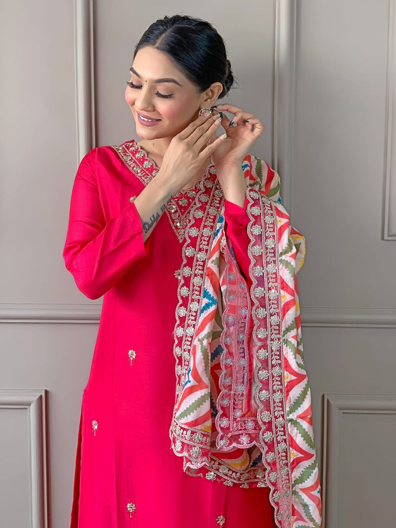 Launching Viscose Fabric, Comfortable And Attractive Sut Set Which Is Beautifully Decorated With Embroidery And Thread Work. It Is Paired With Matching Pants And Dupatta