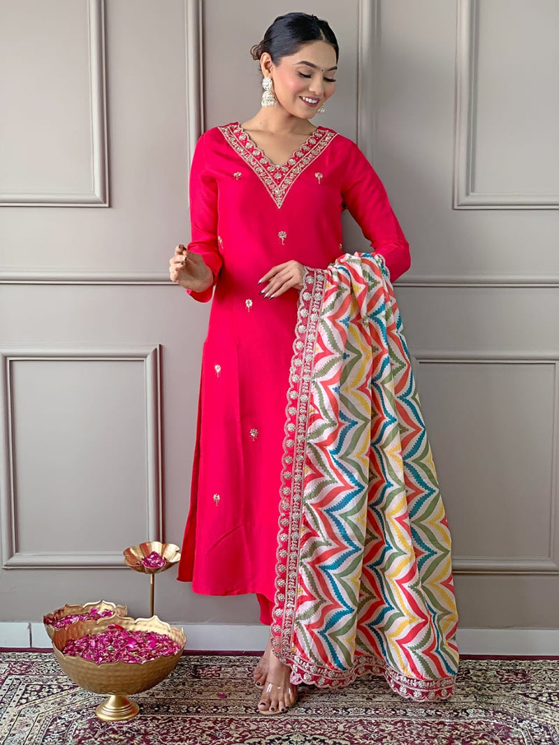 Launching Viscose Fabric, Comfortable And Attractive Sut Set Which Is Beautifully Decorated With Embroidery And Thread Work. It Is Paired With Matching Pants And Dupatta