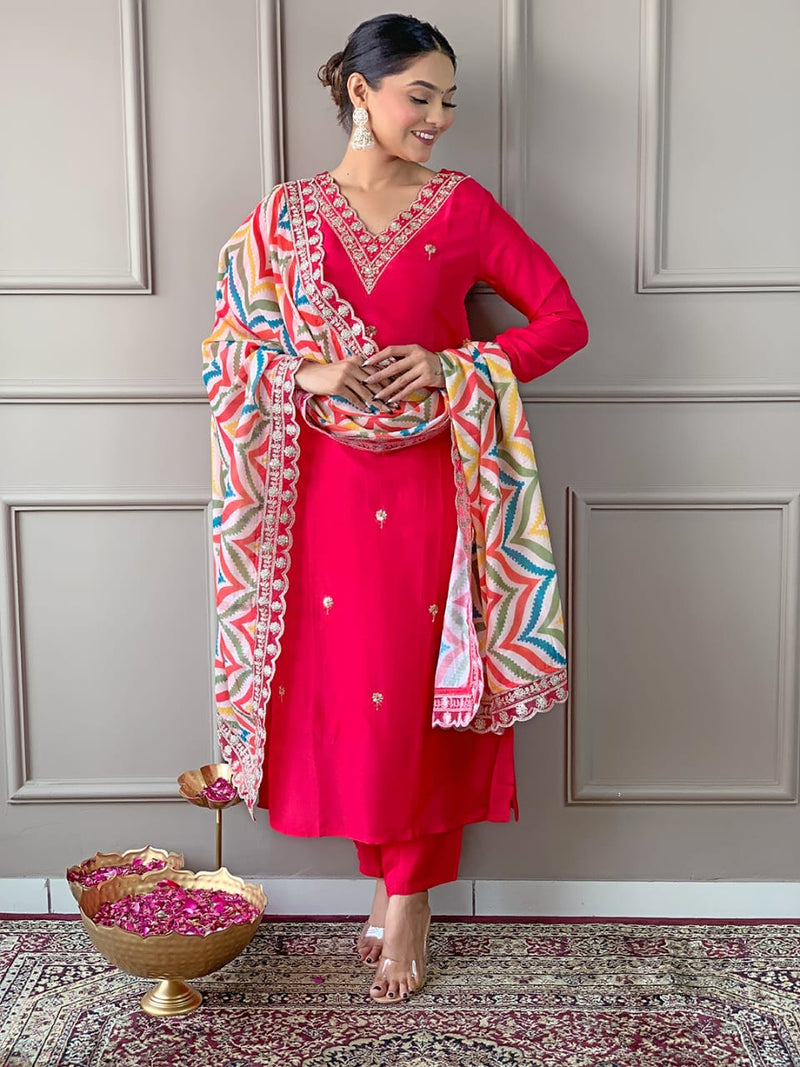 Launching Viscose Fabric, Comfortable And Attractive Sut Set Which Is Beautifully Decorated With Embroidery And Thread Work. It Is Paired With Matching Pants And Dupatta