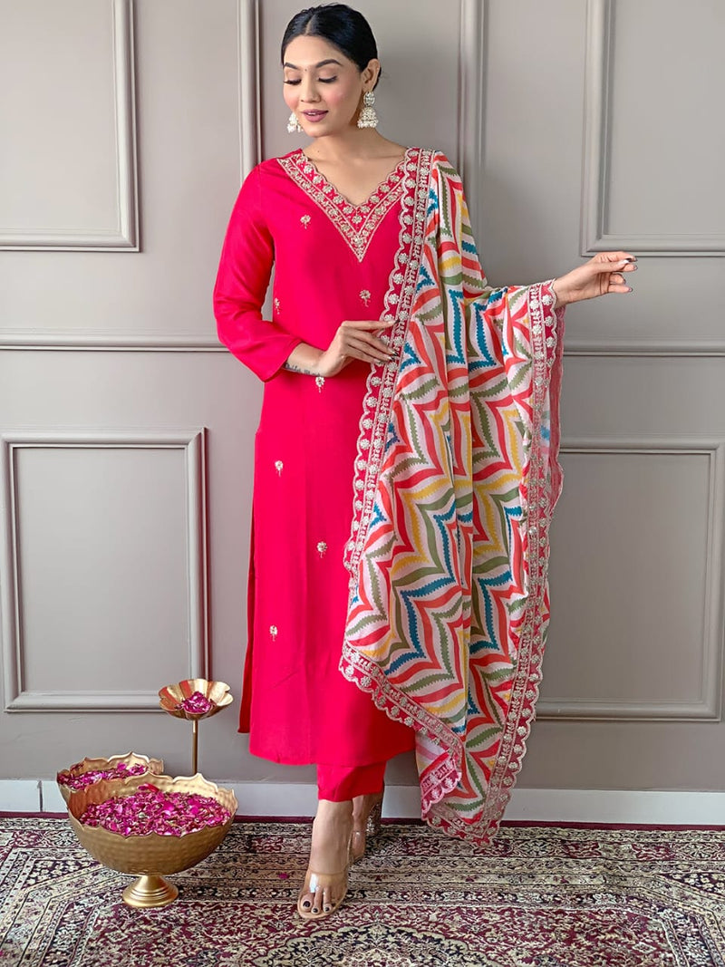 Launching Viscose Fabric, Comfortable And Attractive Sut Set Which Is Beautifully Decorated With Embroidery And Thread Work. It Is Paired With Matching Pants And Dupatta