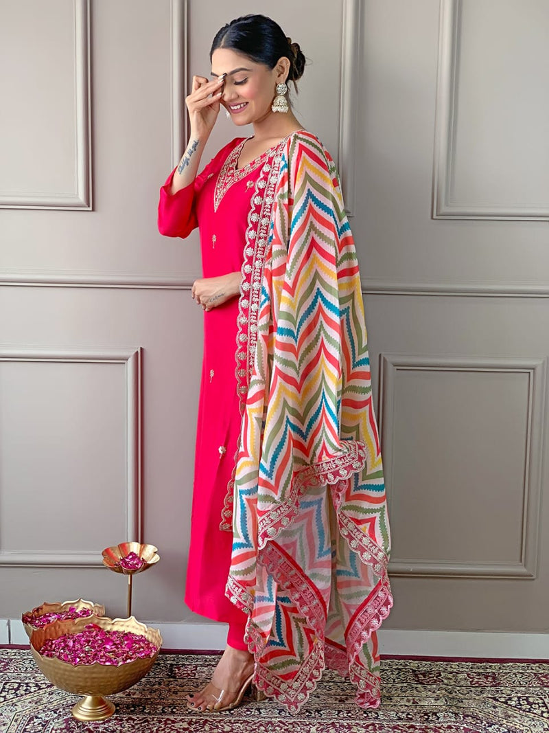 Launching Viscose Fabric, Comfortable And Attractive Sut Set Which Is Beautifully Decorated With Embroidery And Thread Work. It Is Paired With Matching Pants And Dupatta