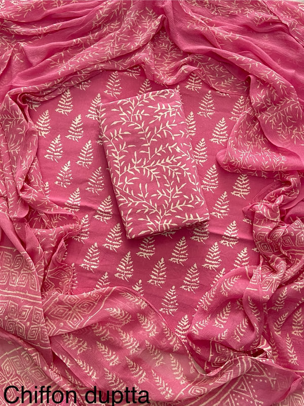 ELEGANT HAND BLOCK PRINT COTTON SUIT SET WITH CHIFFON DUPATTA