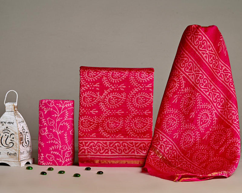 EXCLUSIVE ELEGANT HAND BLOCK PRINT CHANDERI SILK SUIT SET