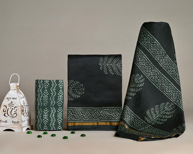 ELEGANT HAND BLOCK PRINT CHANDERI SILK SUIT SET