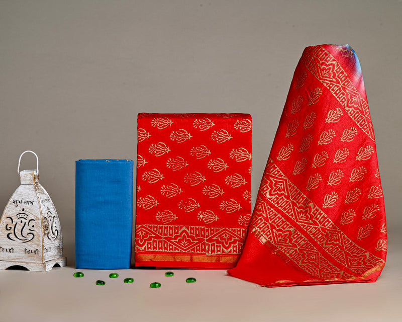 EXCLUSIVE COLLECTION : HAND BLOCK PRINT CHANDERI SILK SUIT SET