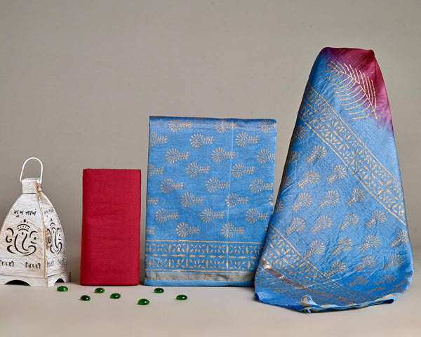 EXCLUSIVE COLLECTION : HAND BLOCK PRINT CHANDERI SILK SUIT SET