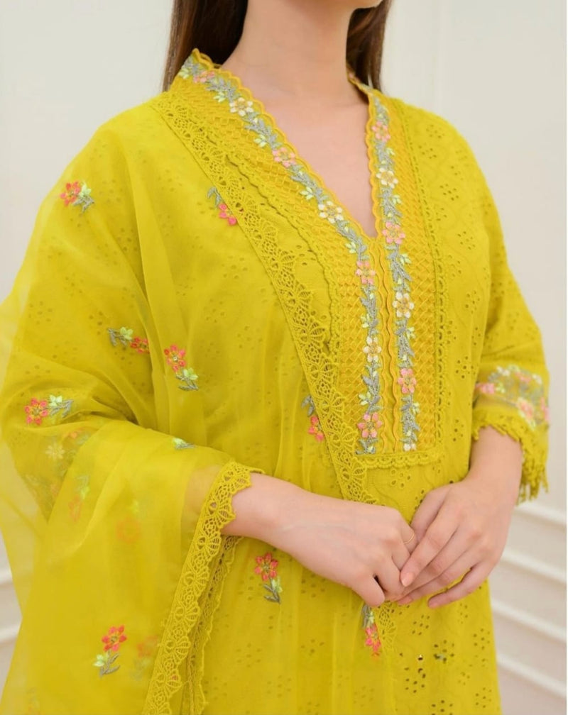 New Pakistani Schiffli Cutwork Suit set. Crafted with delicacy, the kurta has beautiful embroidery all-over. The embroidered sleeves and bottom adding an extra touch of elegance