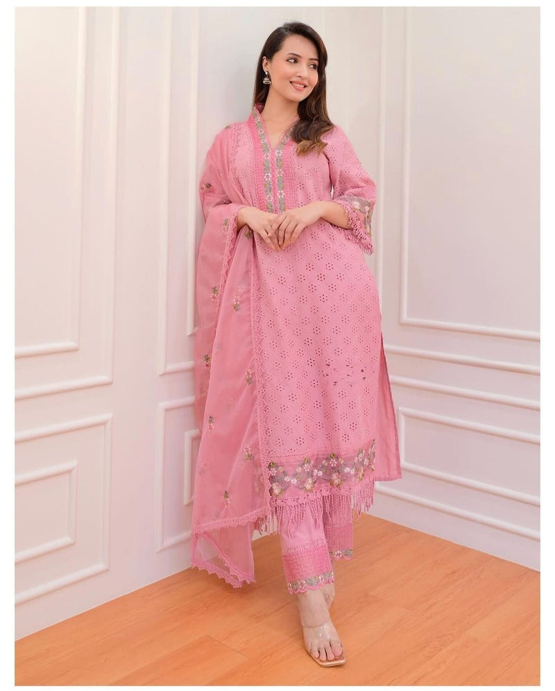 New Pakistani Schiffli Cutwork Suit set. Crafted with delicacy, the kurta has beautiful embroidery all-over. The embroidered sleeves and bottom adding an extra touch of elegance