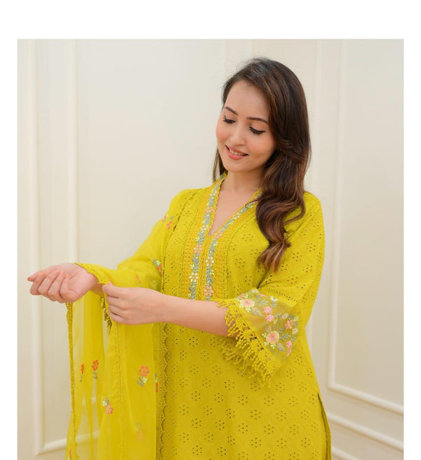 New Pakistani Schiffli Cutwork Suit set. Crafted with delicacy, the kurta has beautiful embroidery all-over. The embroidered sleeves and bottom adding an extra touch of elegance