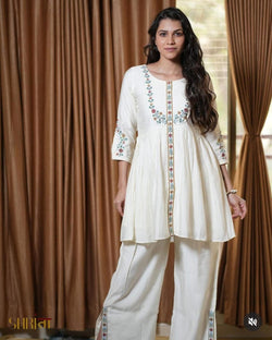 Look stylish in our new off white fully embroidered cotton slub kurta and plazo set for all day comfort this festival session