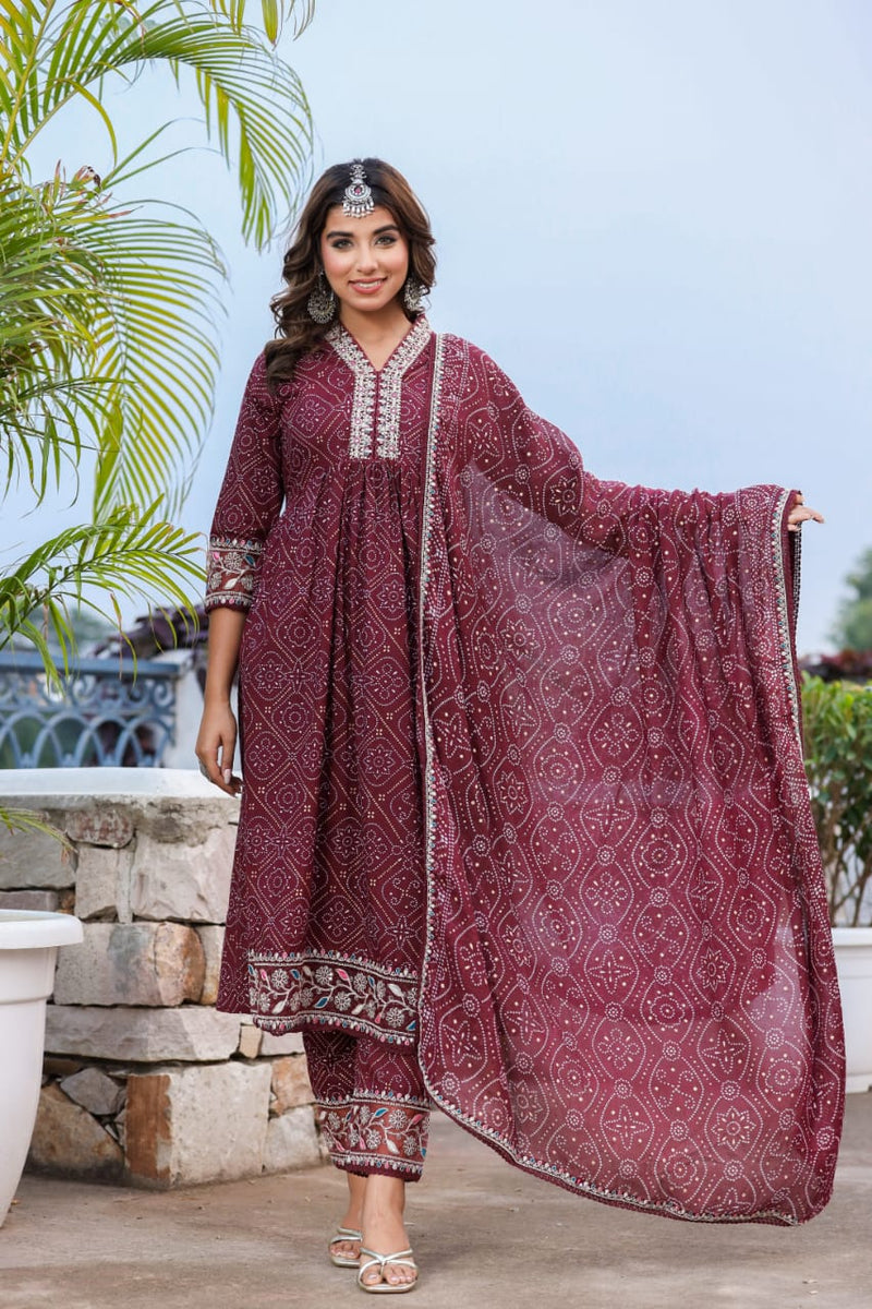 Featuring Beautiful Suit Set which is decorated with Dori Embroidery work Bandhani prints. It is made in premium Cotton Febric.