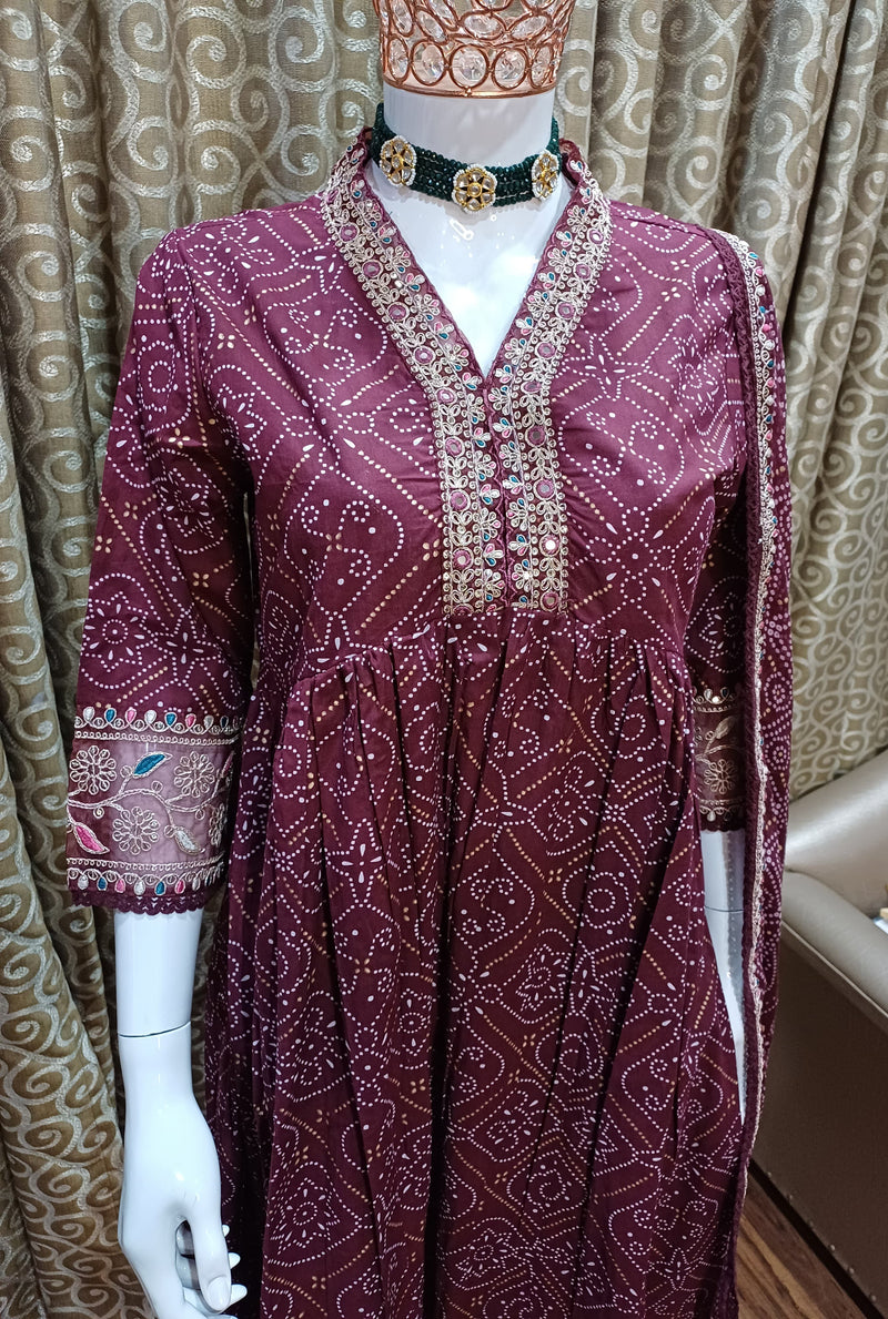 Featuring Beautiful Suit Set which is decorated with Dori Embroidery work Bandhani prints. It is made in premium Cotton Febric.