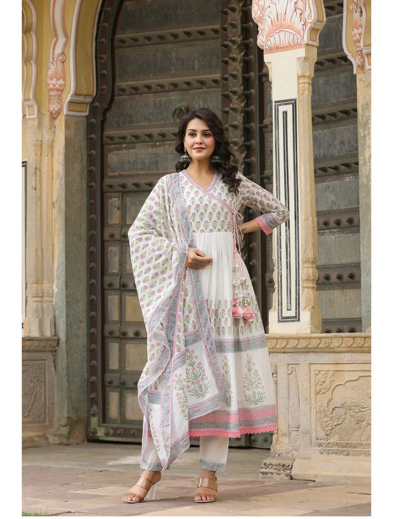 Pure malmal printed ghere wali Kurti paired with cotton pant and duppatta Lace and tassel detailing all over