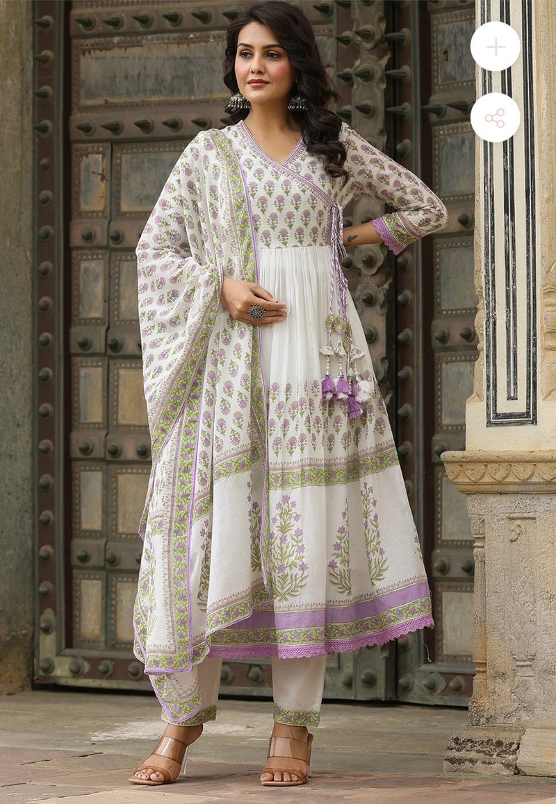 Pure malmal printed ghere wali Kurti paired with cotton pant and duppatta Lace and tassel detailing all over