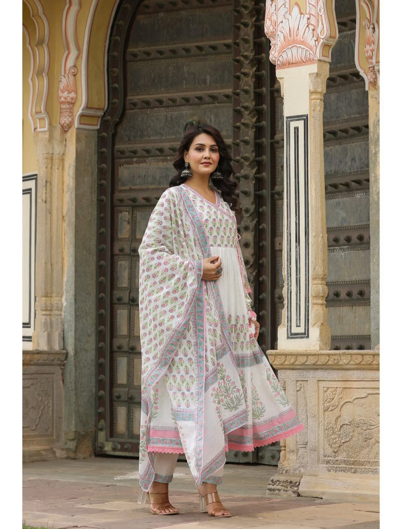 Pure malmal printed ghere wali Kurti paired with cotton pant and duppatta Lace and tassel detailing all over