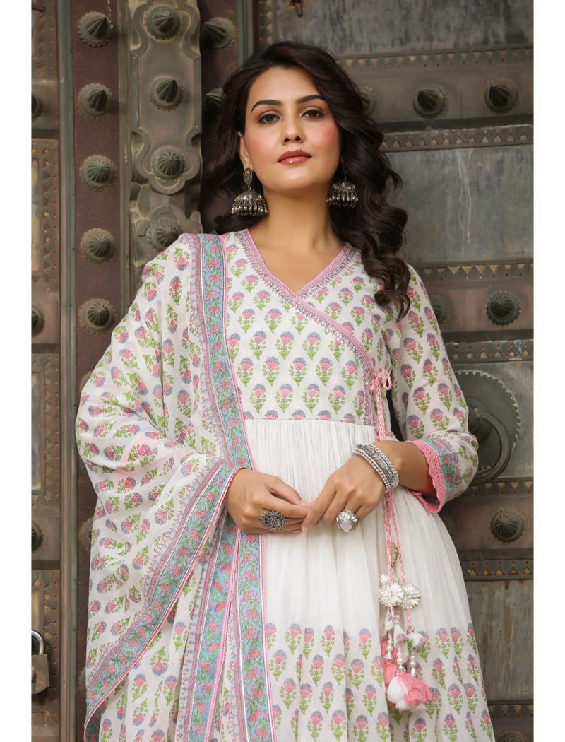 Pure malmal printed ghere wali Kurti paired with cotton pant and duppatta Lace and tassel detailing all over