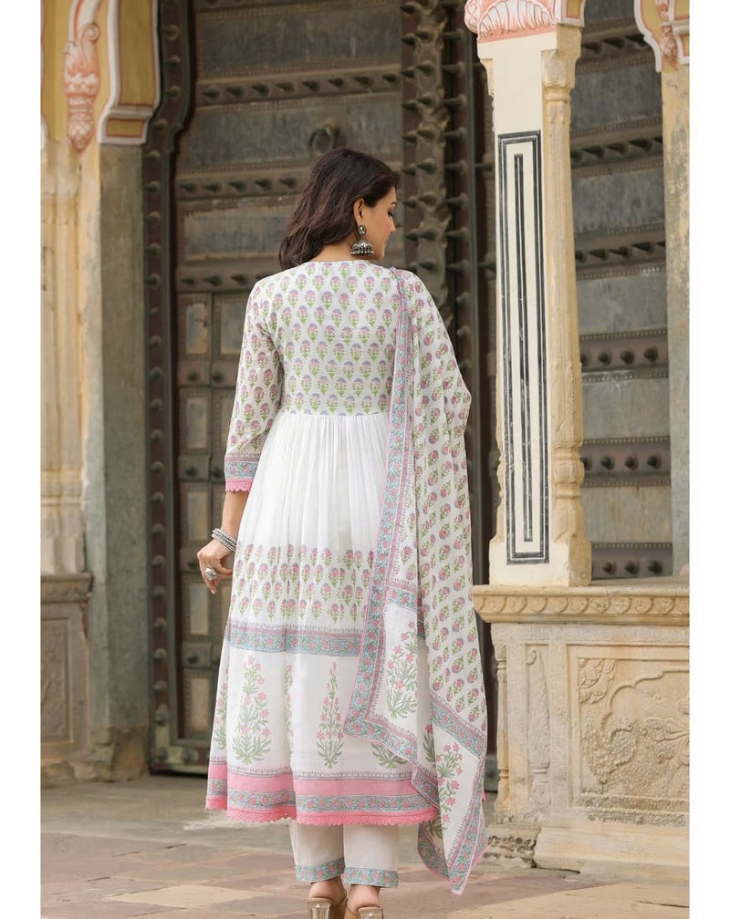 Pure malmal printed ghere wali Kurti paired with cotton pant and duppatta Lace and tassel detailing all over