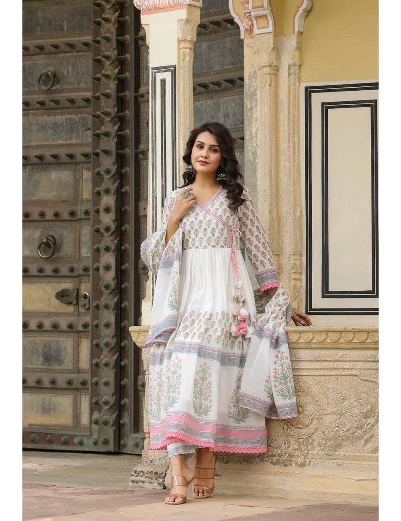 Pure malmal printed ghere wali Kurti paired with cotton pant and duppatta Lace and tassel detailing all over