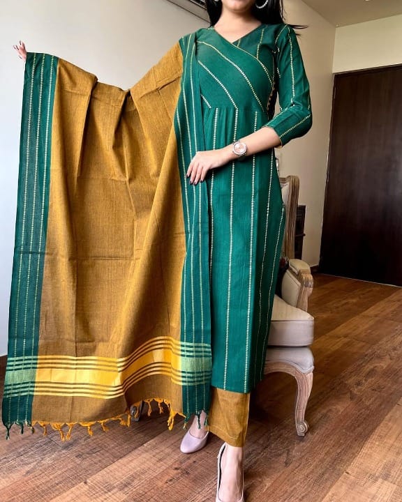 You will be so much in love with this south handloom outfit for combinations of self golden thread handloom south cotton kurta &nbsp;and south cotton pant paired with south cotton duppata golden thread self weaving add a unique vibe.