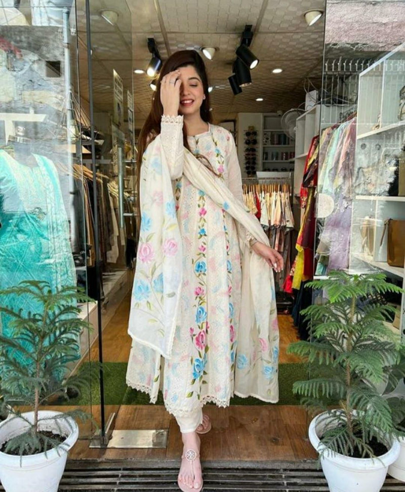 Heavy premium chicken shifli cotton fabric Kurti with hand printed kurti and Pant and mulmul Dupatta -In very fine Quality Cotton