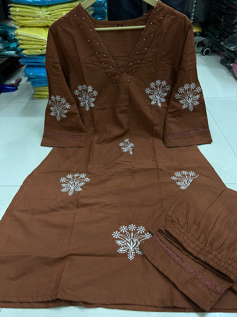 Upgrade your office wear wardrobe with this classy kurti embroidery detailing  moti lace work on neckline with lace work pant for all day comfort and trendy look🌸🌸