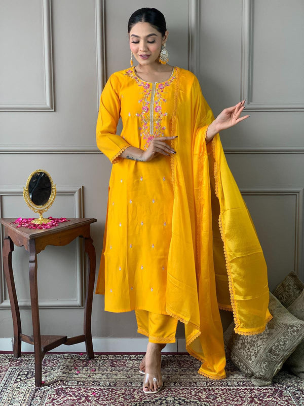 Featuring Beautiful Viscose Chanderi Suit Set Which Is Beautifully Decorated With Coding embroidery. It Is Paired With Matching Dupatta And Pant Detailing*