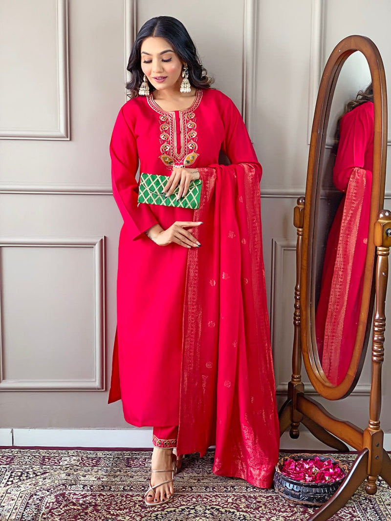 Featuring Beautiful Viscose Chanderi Suit Set Which Is Beautifully Decorated With Coding embroidery