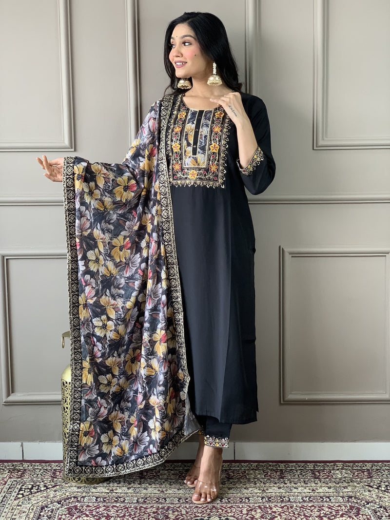 Featuring Beautiful Viscose Chanderi Suit Set Which Is Beautifully Decorated With Coding Embroidery Work. It Is Paired With Matching Dupatta And Pant