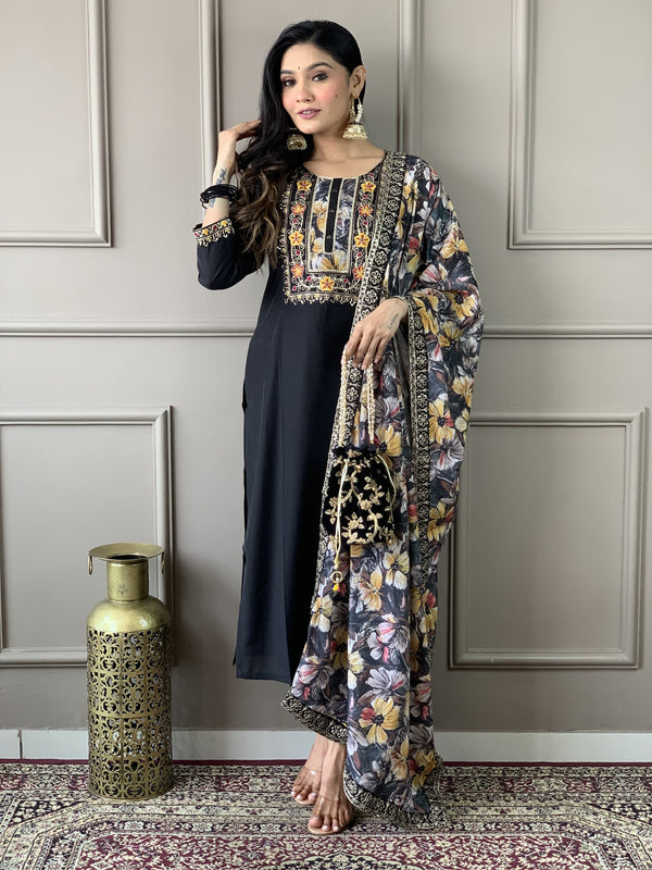 Featuring Beautiful Viscose Chanderi Suit Set Which Is Beautifully Decorated With Coding Embroidery Work. It Is Paired With Matching Dupatta And Pant