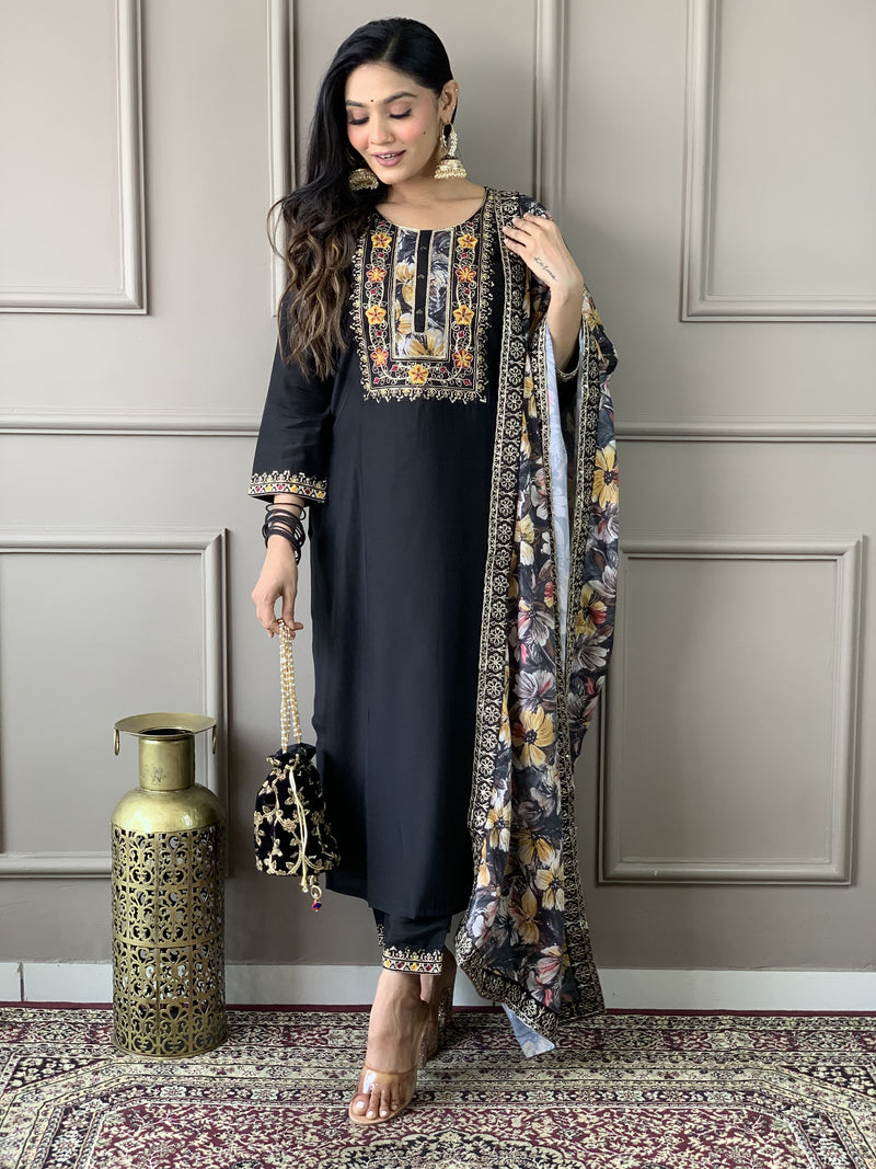 Featuring Beautiful Viscose Chanderi Suit Set Which Is Beautifully Decorated With Coding Embroidery Work. It Is Paired With Matching Dupatta And Pant