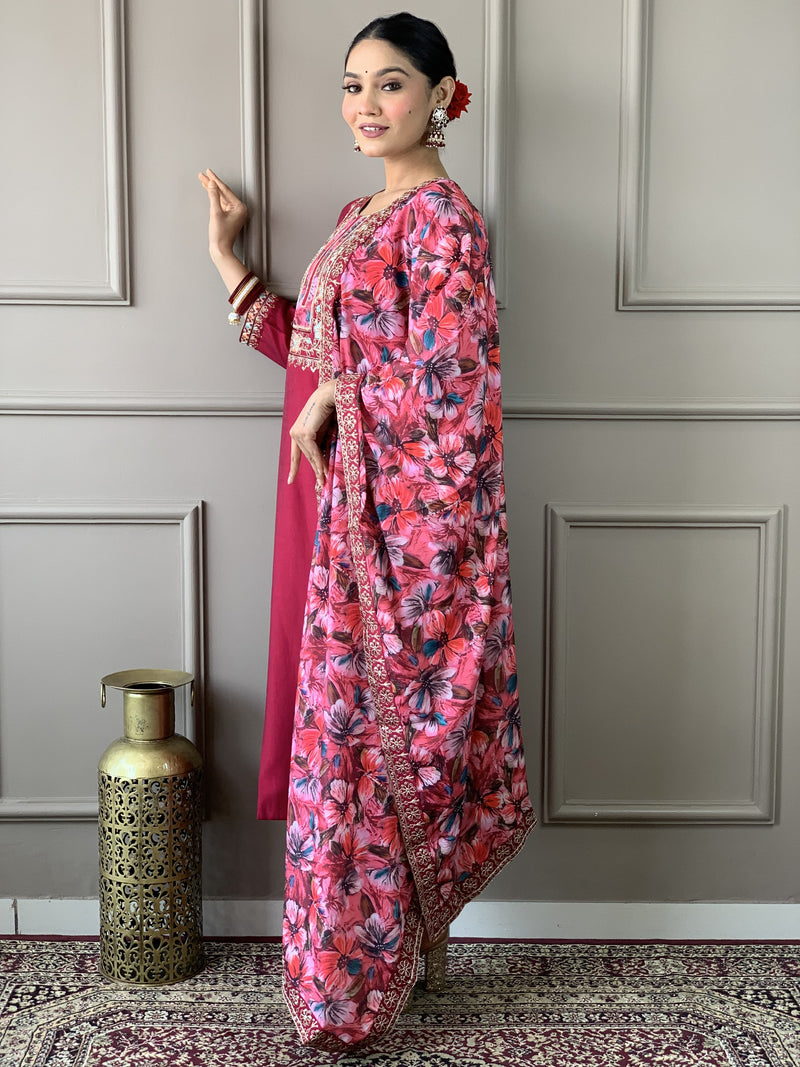 Featuring Beautiful Viscose Chanderi Suit Set Which Is Beautifully Decorated With Coding Embroidery Work. It Is Paired With Matching Dupatta And Pant