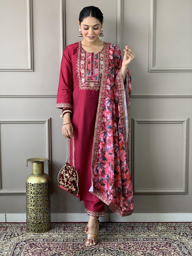 Featuring Beautiful Viscose Chanderi Suit Set Which Is Beautifully Decorated With Coding Embroidery Work. It Is Paired With Matching Dupatta And Pant