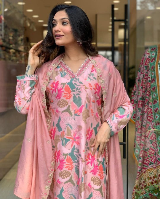 Featuring Beautiful Viscose Chanderi Suit Set Which Is Beautifully Decorated With Coding Embroidery Work. It Is Paired With Matching Dupatta And Pant