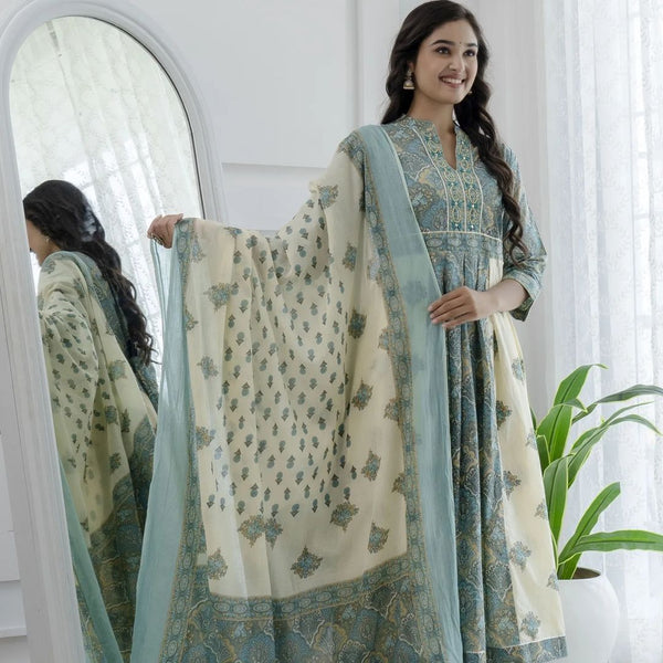 Featuring Beautiful Cotton Cambric &nbsp;Suit Cum Gown Set Which Is Beautifully Decorated With Original Khatliwork with Beautiful Moti and Lace Detailing in Neck.