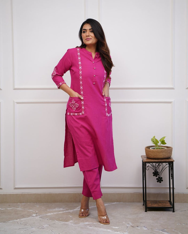 Upgrade your office wear wardrobe with this classy kurti pant with embroidery  button work detailing for all day comfort and trendy look