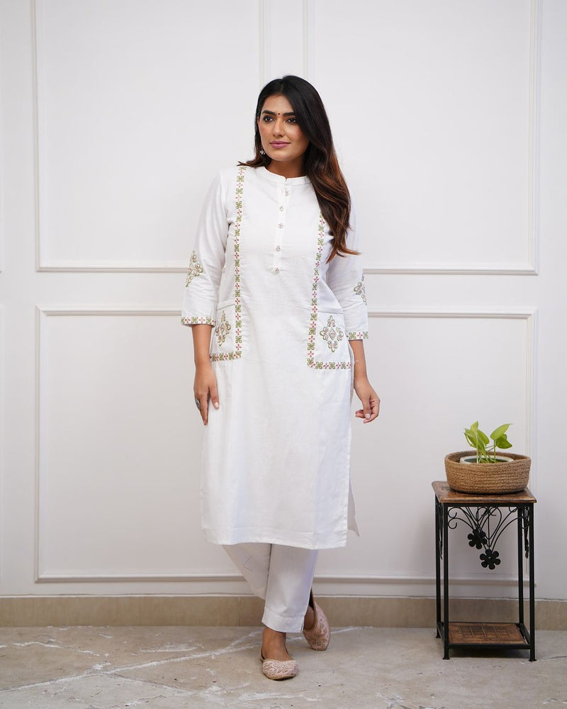 Upgrade your office wear wardrobe with this classy kurti pant with embroidery button work detailing for all day comfort and trendy look