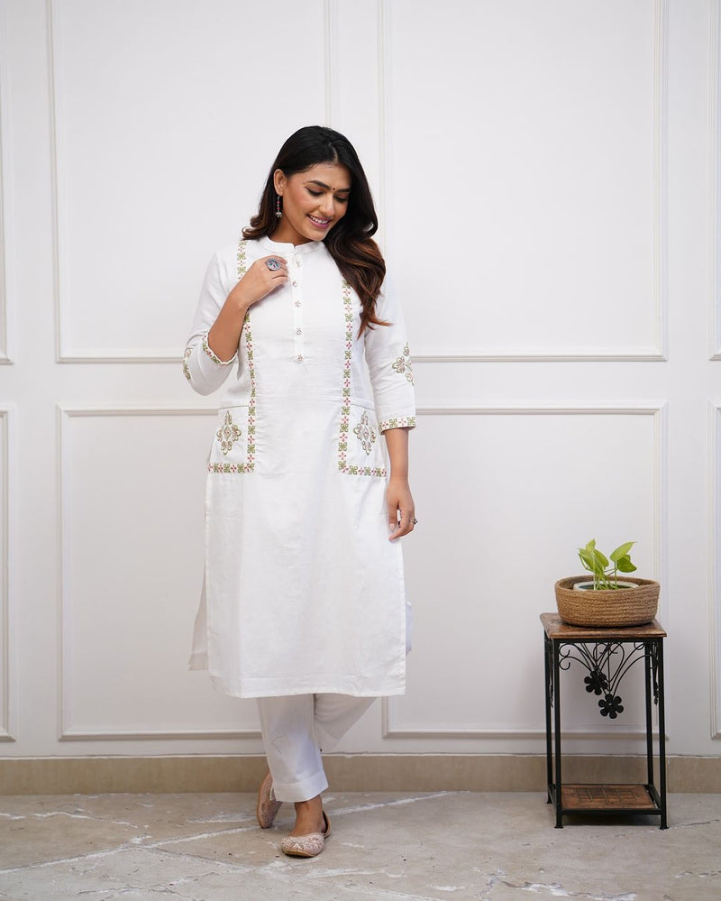 Upgrade your office wear wardrobe with this classy kurti pant with embroidery button work detailing for all day comfort and trendy look