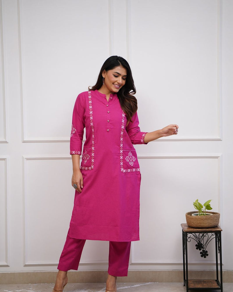 Upgrade your office wear wardrobe with this classy kurti pant with embroidery &amp; button work detailing for all day comfort and trendy look