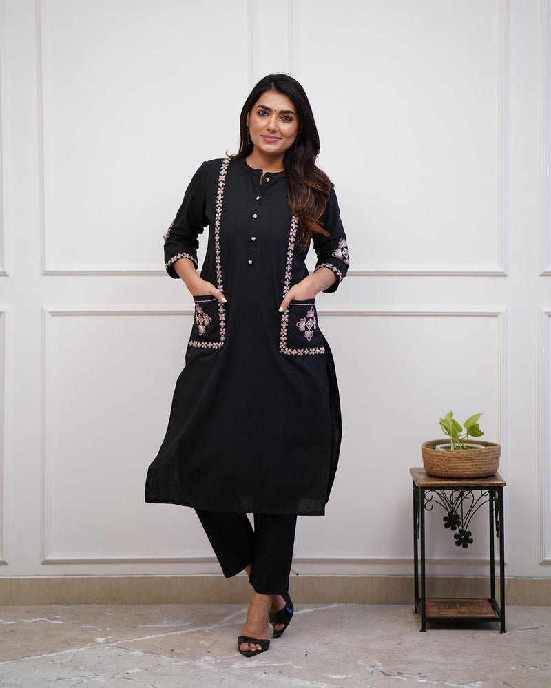 Upgrade your office wear wardrobe with this classy kurti pant with embroidery button work detailing for all day comfort and trendy look