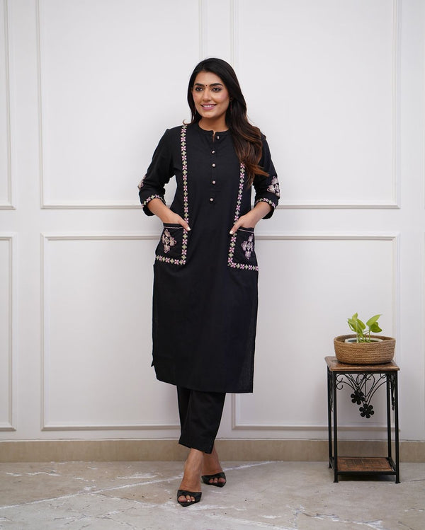 Upgrade your office wear wardrobe with this classy kurti pant with embroidery button work detailing for all day comfort and trendy look