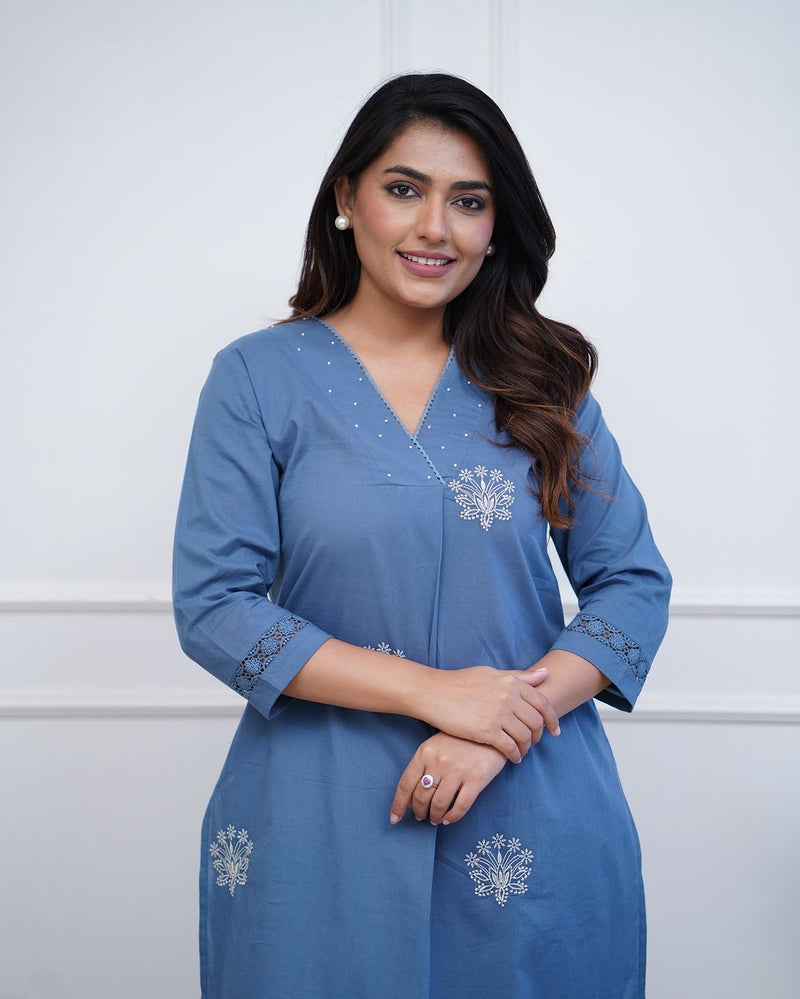 Upgrade your office wear wardrobe with this classy kurti  embroidery detailing moti lace work on neckline with lace work pant for all day comfort and trendy look