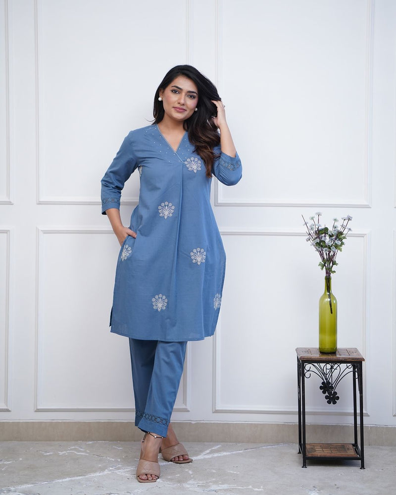 Upgrade your office wear wardrobe with this classy kurti  embroidery detailing moti lace work on neckline with lace work pant for all day comfort and trendy look