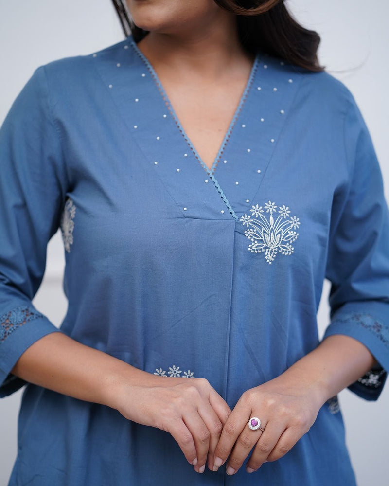 Upgrade your office wear wardrobe with this classy kurti  embroidery detailing moti lace work on neckline with lace work pant for all day comfort and trendy look