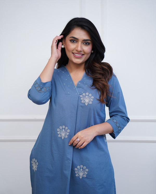 Upgrade your office wear wardrobe with this classy kurti  embroidery detailing moti lace work on neckline with lace work pant for all day comfort and trendy look