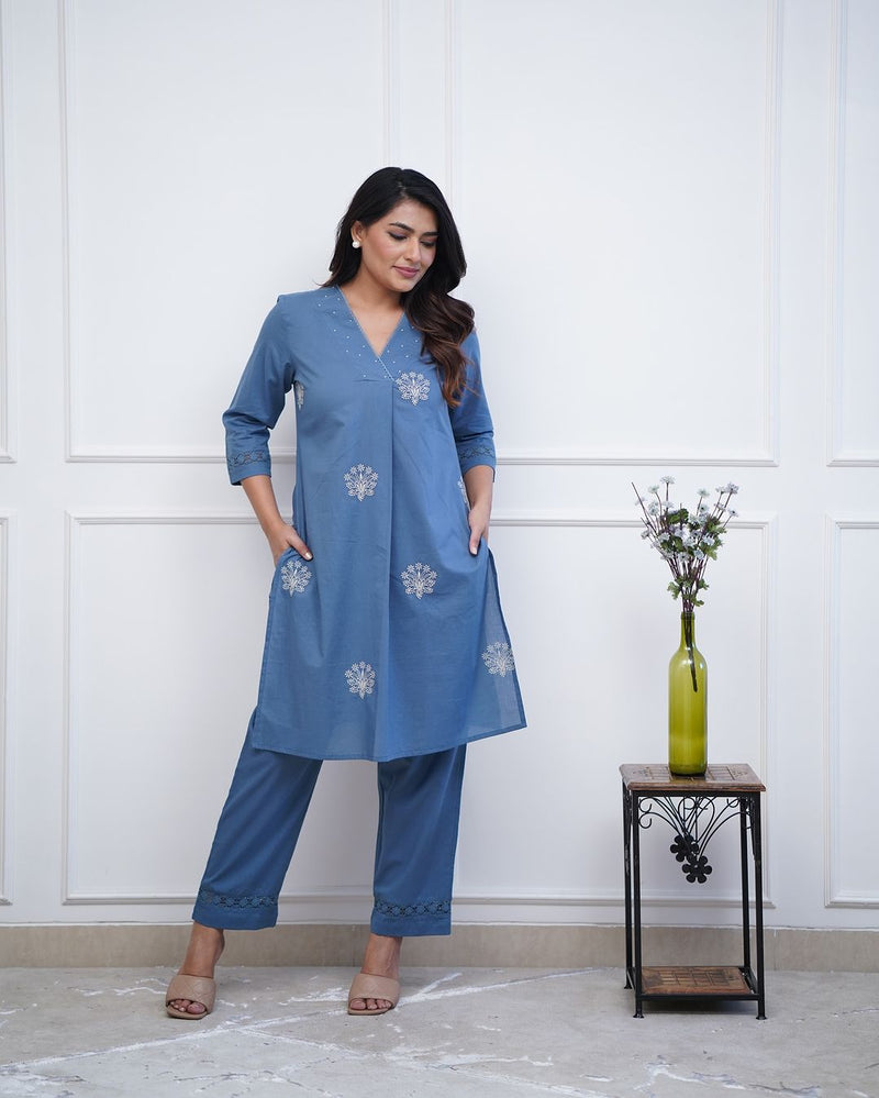 Upgrade your office wear wardrobe with this classy kurti  embroidery detailing moti lace work on neckline with lace work pant for all day comfort and trendy look